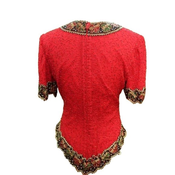 VTG 80s 90s Medium Red Silk Beaded Cocktail Blouse Statement Special Occasion - Picture 3 of 9